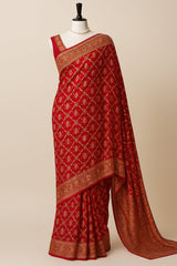 Red Georgette Animal and Bird Motif Woven Checks Bandhej Saree with Sequin Cutdana Work