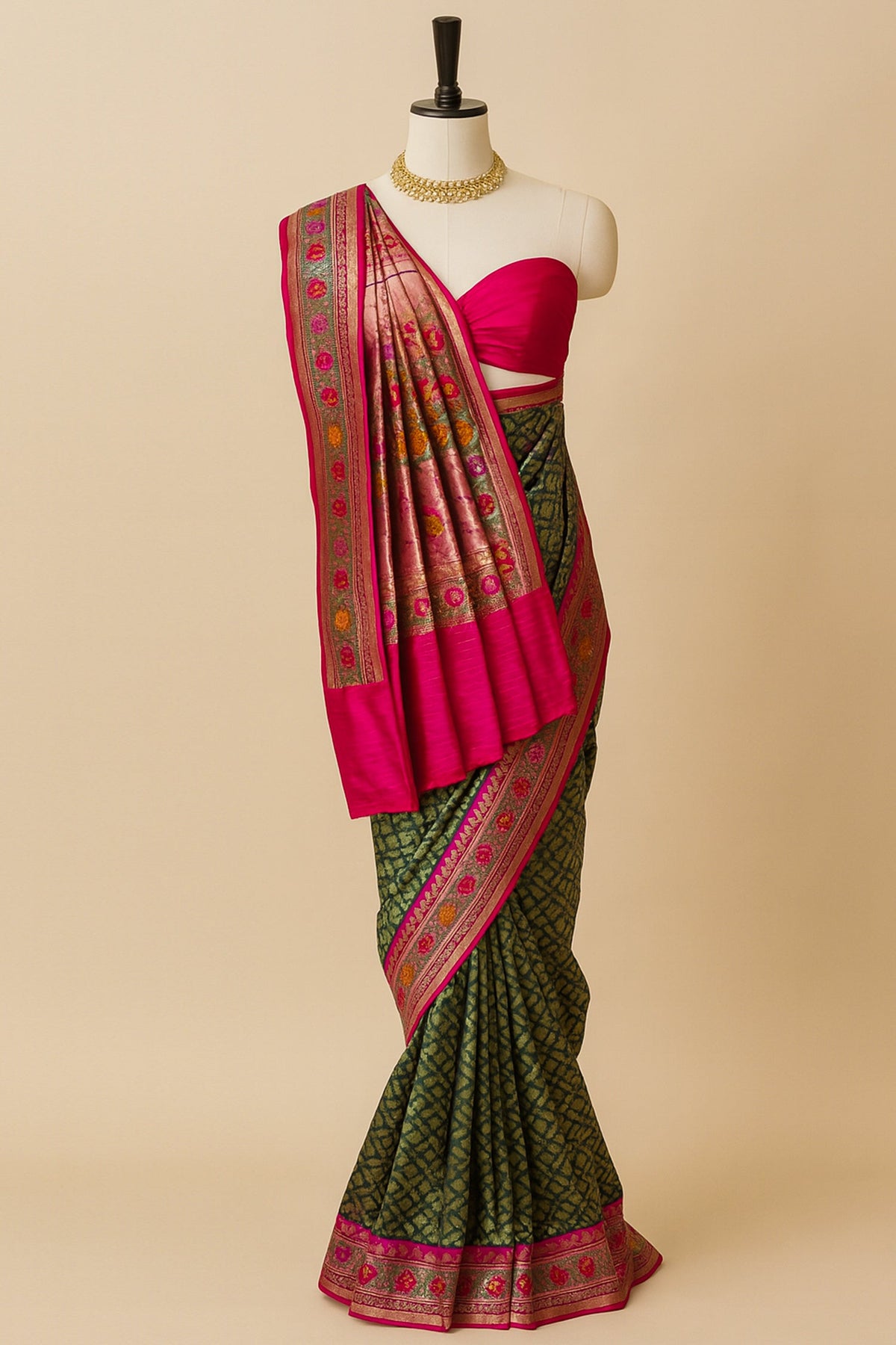 Bottle Green Semi Silk Woven Saree with Contrast Floral Border and Pallu