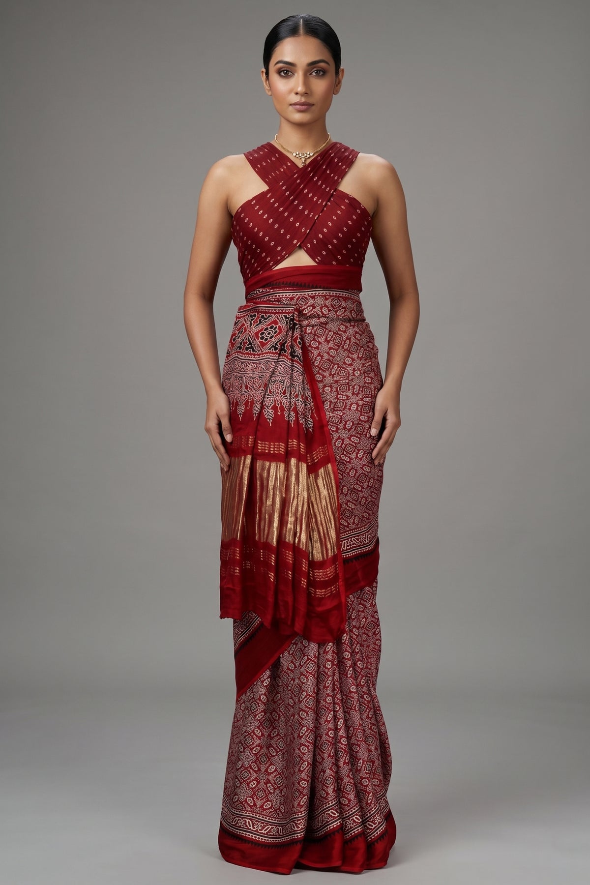 Maroon Modal Silk Ajrakh Printed Saree