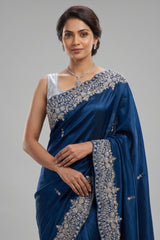 Rama Blue Organza Saree with Sequin and Cutdana Work Scallop Border