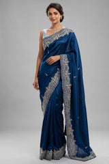 Rama Blue Organza Saree with Sequin and Cutdana Work Scallop Border