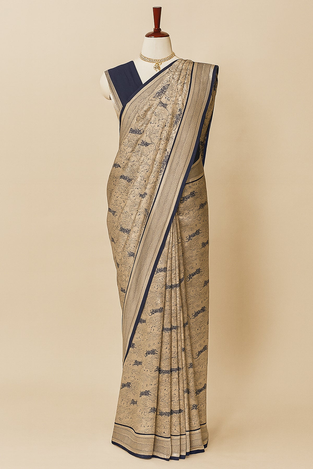 Blue and Champagne Silver Silk Animal Motif Saree