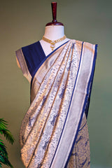 Blue and Champagne Silver Silk Animal Motif Saree