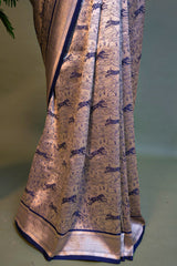 Blue and Champagne Silver Silk Animal Motif Saree