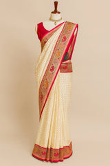 Off White Silk Traditional Woven Saree with Floral Motif Border and Pallu