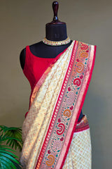 Off White Silk Traditional Woven Saree with Floral Motif Border and Pallu