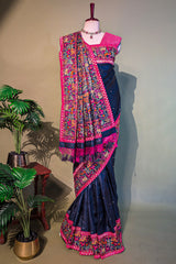 Dark Blue Silk Saree with Thread Embroidered Border and Pallu