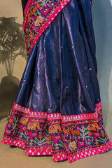 Dark Blue Silk Saree with Thread Embroidered Border and Pallu