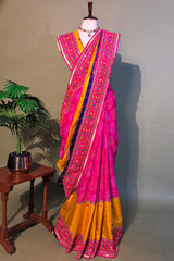 Pink and Yellow Silk Traditional Bandhej Saree with Heavy Embroidered Border