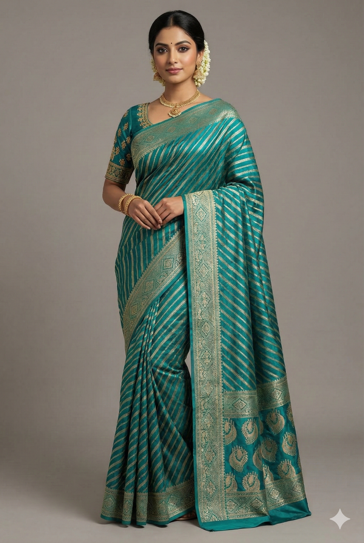Teal Green Semi Silk Woven Saree with Swarovski Work