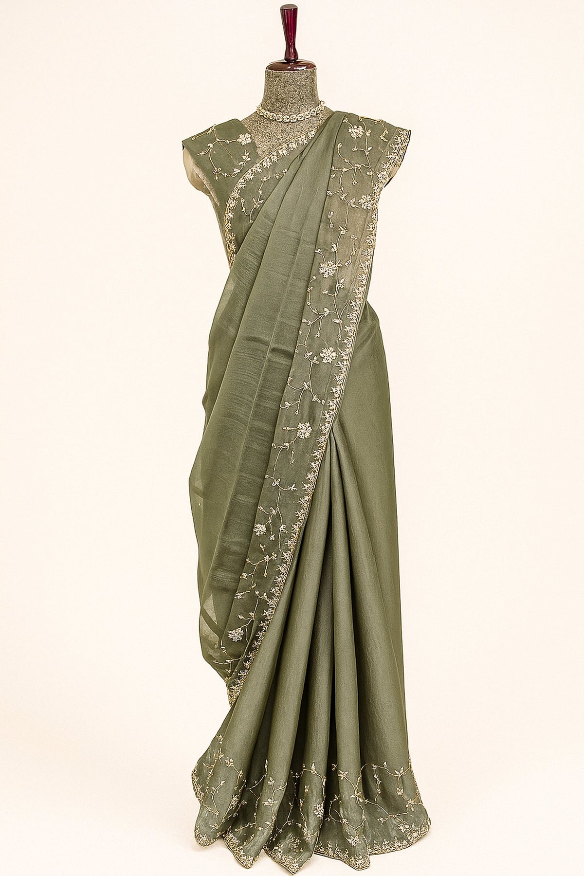 Olive Green Organza Saree with Cutdana and Diamond Work