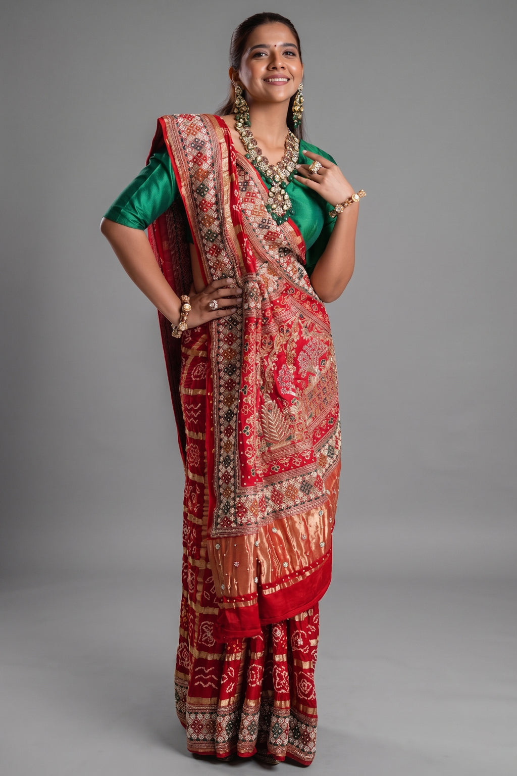 Red Cotton Traditional Checks Gharchola Saree with Handwork