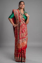 Red Cotton Traditional Checks Gharchola Saree with Handwork