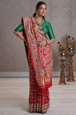 Red Cotton Traditional Checks Gharchola Saree with Handwork