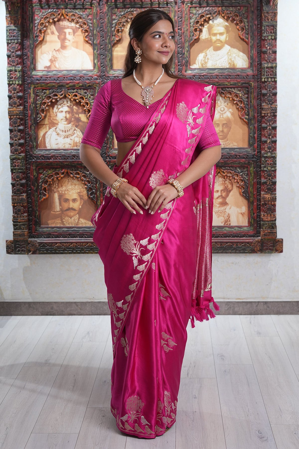 Rani Pink Mango Silk Bird Motif Saree