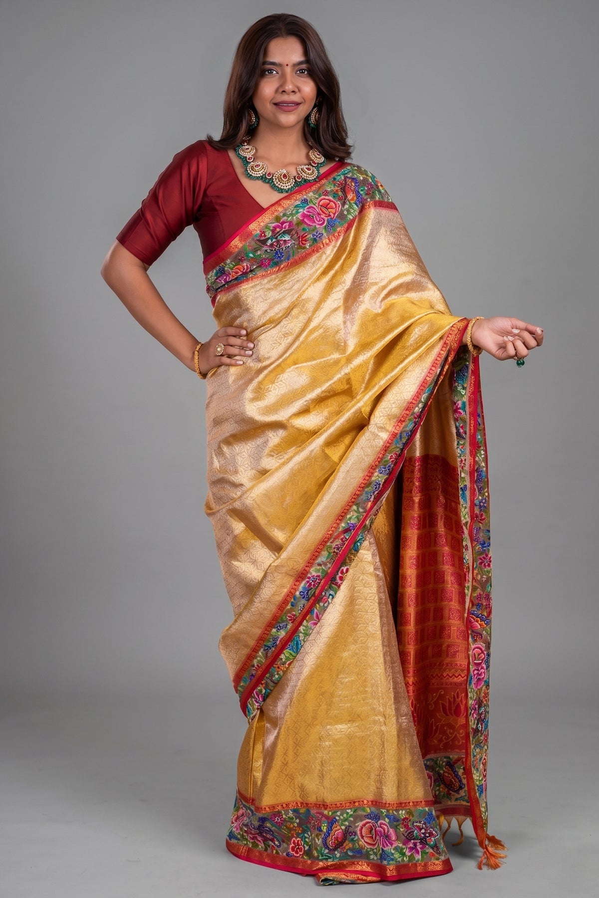 Golden Kanchipuram Silk Woven Saree with Petit Point Embroidery Border