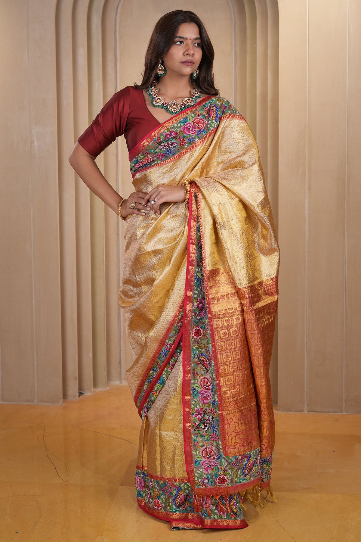 Golden Kanchipuram Silk Woven Saree with Petit Point Embroidery Border