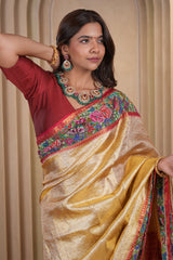 Golden Kanchipuram Silk Woven Saree with Petit Point Embroidery Border