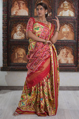 Light Yellow Silk Tradiitonal Checks Patola Printed Saree