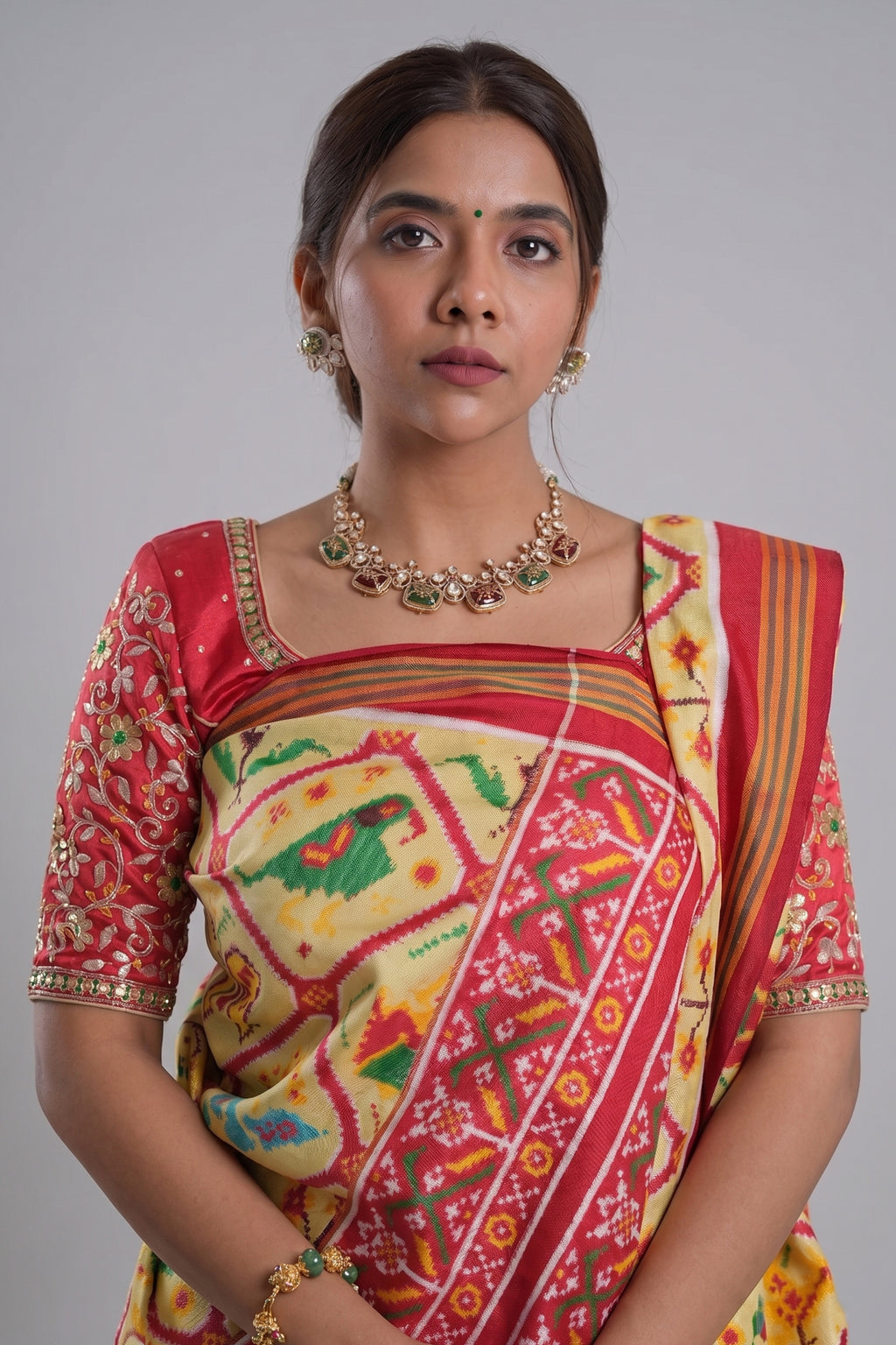 Light Yellow Silk Tradiitonal Checks Patola Printed Saree