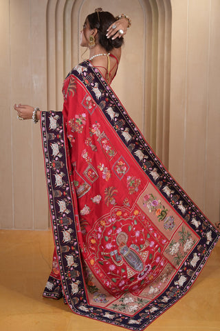 Red Silk Traditional All Over Pichwai Embroidered Saree