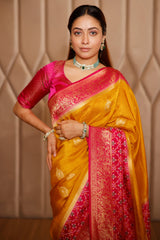 Mustard Yellow Dola Silk Woven Butta Saree with Patola Border