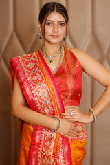 Orange Banarasi Silk Traditional Saree with Contrast Broad Patola Border
