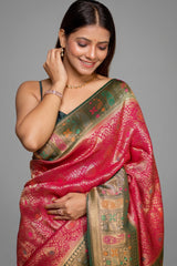Rani Pink Dola Silk All Over Woven Saree with Contrast Border