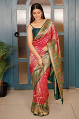 Rani Pink Dola Silk All Over Woven Saree with Contrast Border
