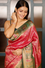 Rani Pink Dola Silk All Over Woven Saree with Contrast Border