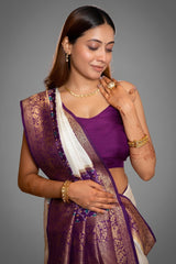 Off White Dola Silk Saree with Contrast Woven Border and Patola Pallu