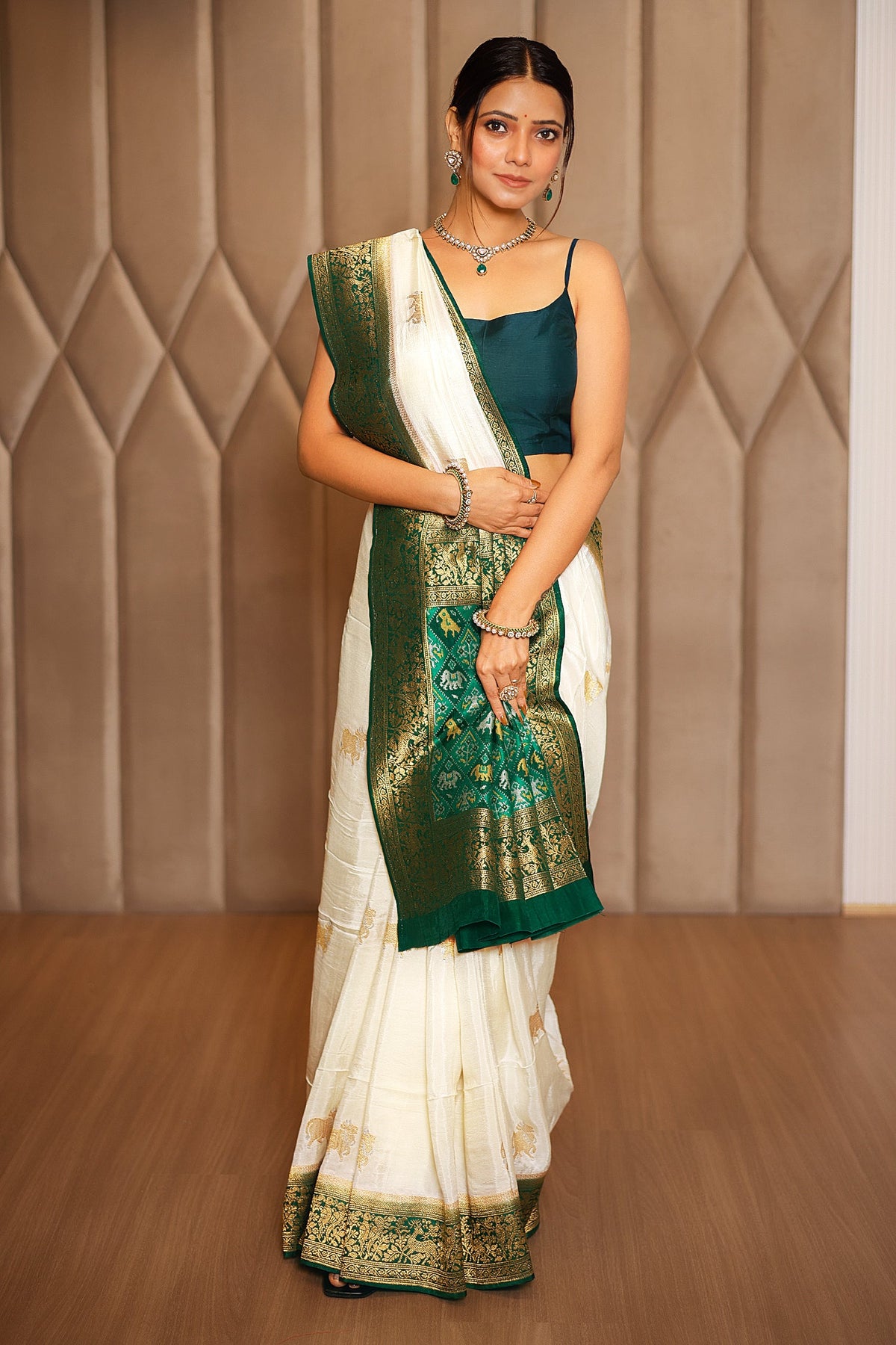 Off White Dola Silk Woven Butta Saree with Contrast Patola Border