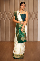 Off White Dola Silk Woven Butta Saree with Contrast Patola Border