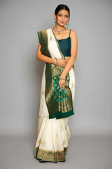 Off White Dola Silk Woven Butta Saree with Contrast Patola Border