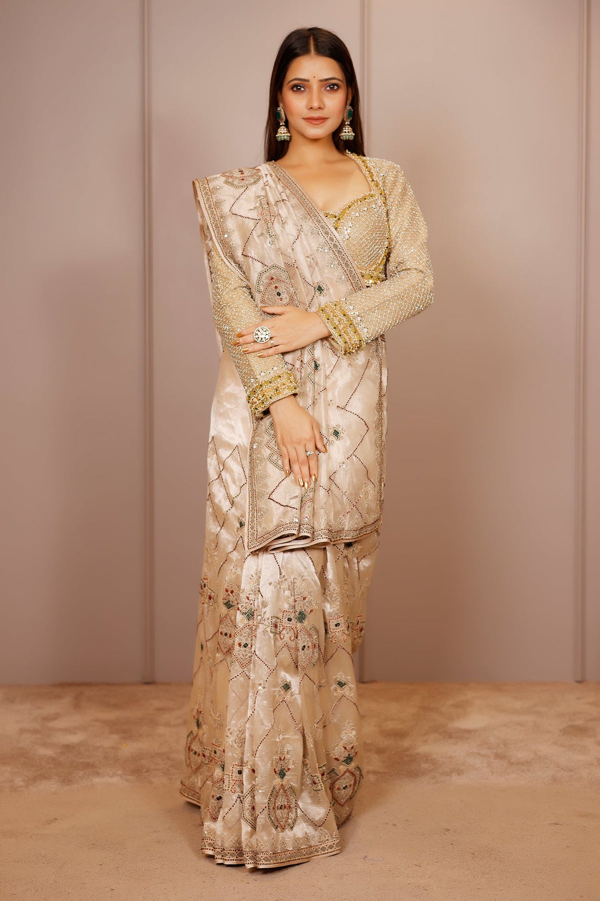 Light Beige Tissue Designer Handworked Saree