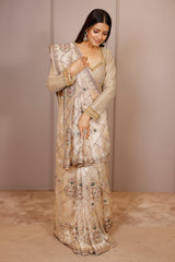 Light Beige Tissue Designer Handworked Saree