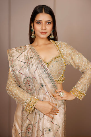 Light Beige Tissue Designer Handworked Saree