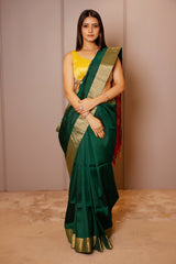 Bottle Green Raw Silk Plain Saree with Contrast Patola Pallu