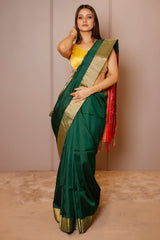 Bottle Green Raw Silk Plain Saree with Contrast Patola Pallu