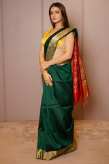 Bottle Green Raw Silk Plain Saree with Contrast Patola Pallu
