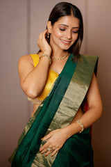 Bottle Green Raw Silk Plain Saree with Contrast Patola Pallu