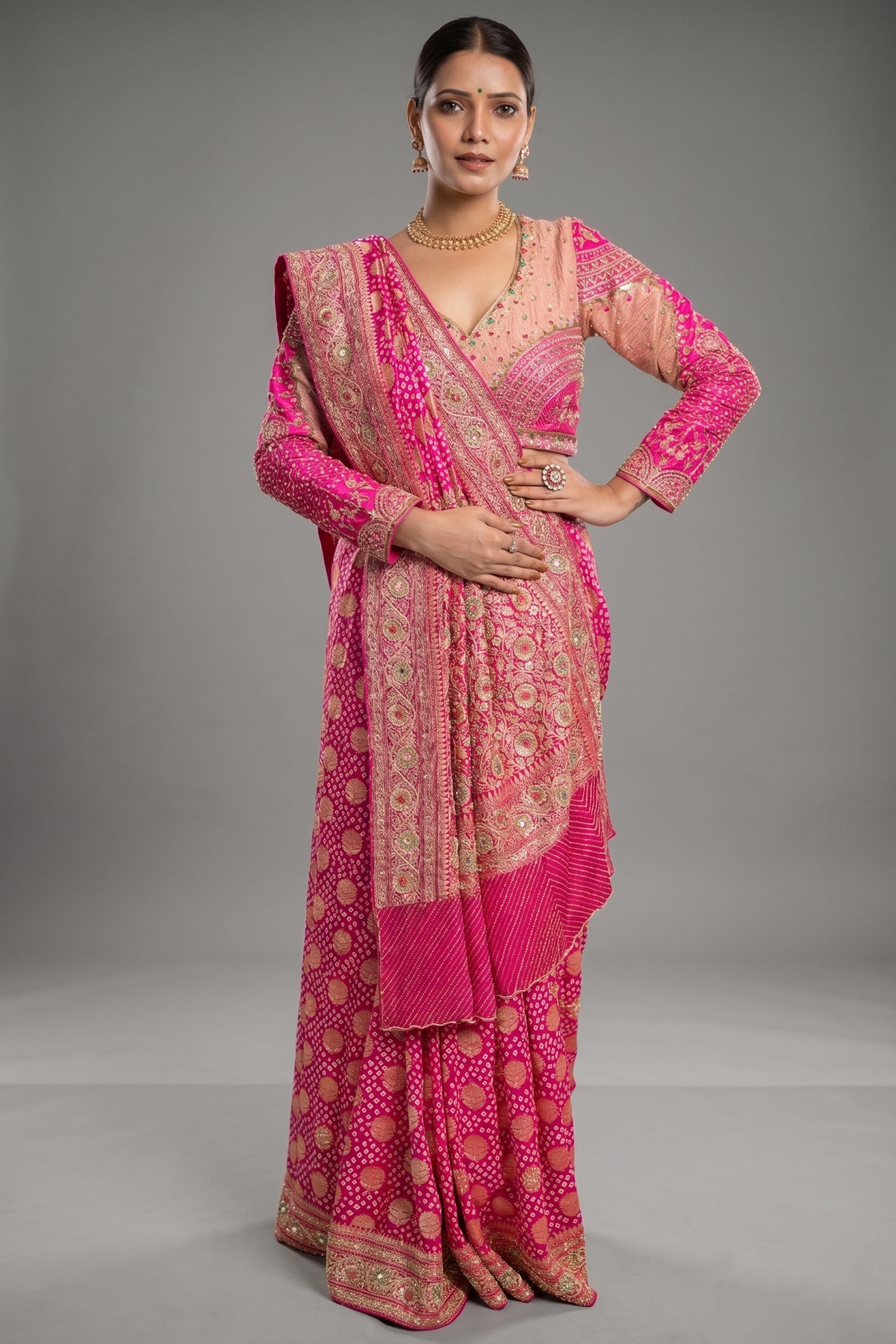 Pink Georgette Bandhej Traditional Saree with Kaat and Sequin Beaded Work