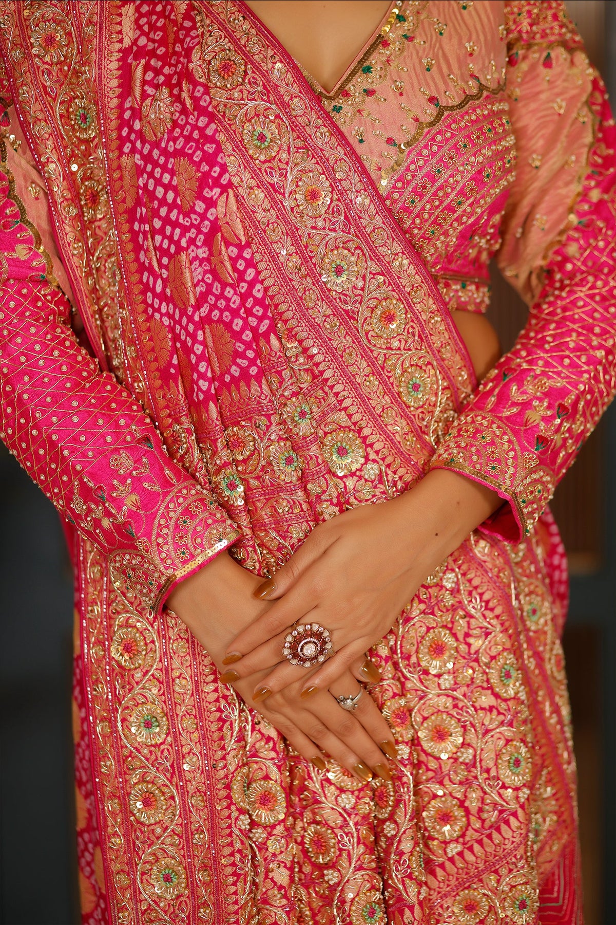 Pink Georgette Bandhej Traditional Saree with Kaat and Sequin Beaded Work