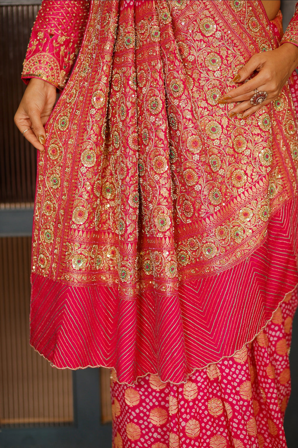 Pink Georgette Bandhej Traditional Saree with Kaat and Sequin Beaded Work