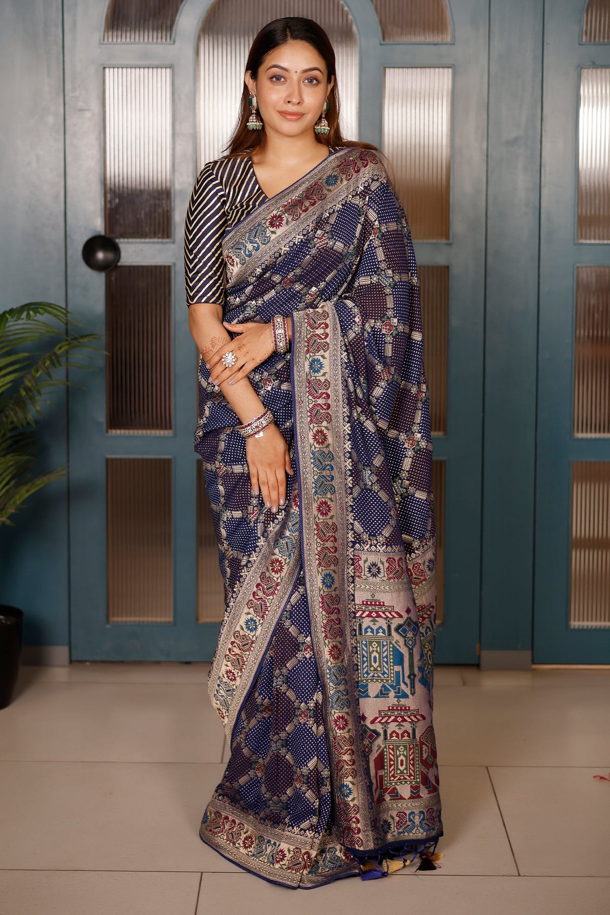 Blue Georgette Meenakari Checks Weaving Saree