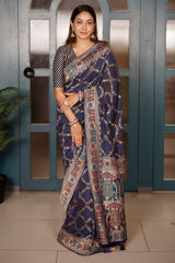 Blue Georgette Meenakari Checks Weaving Saree