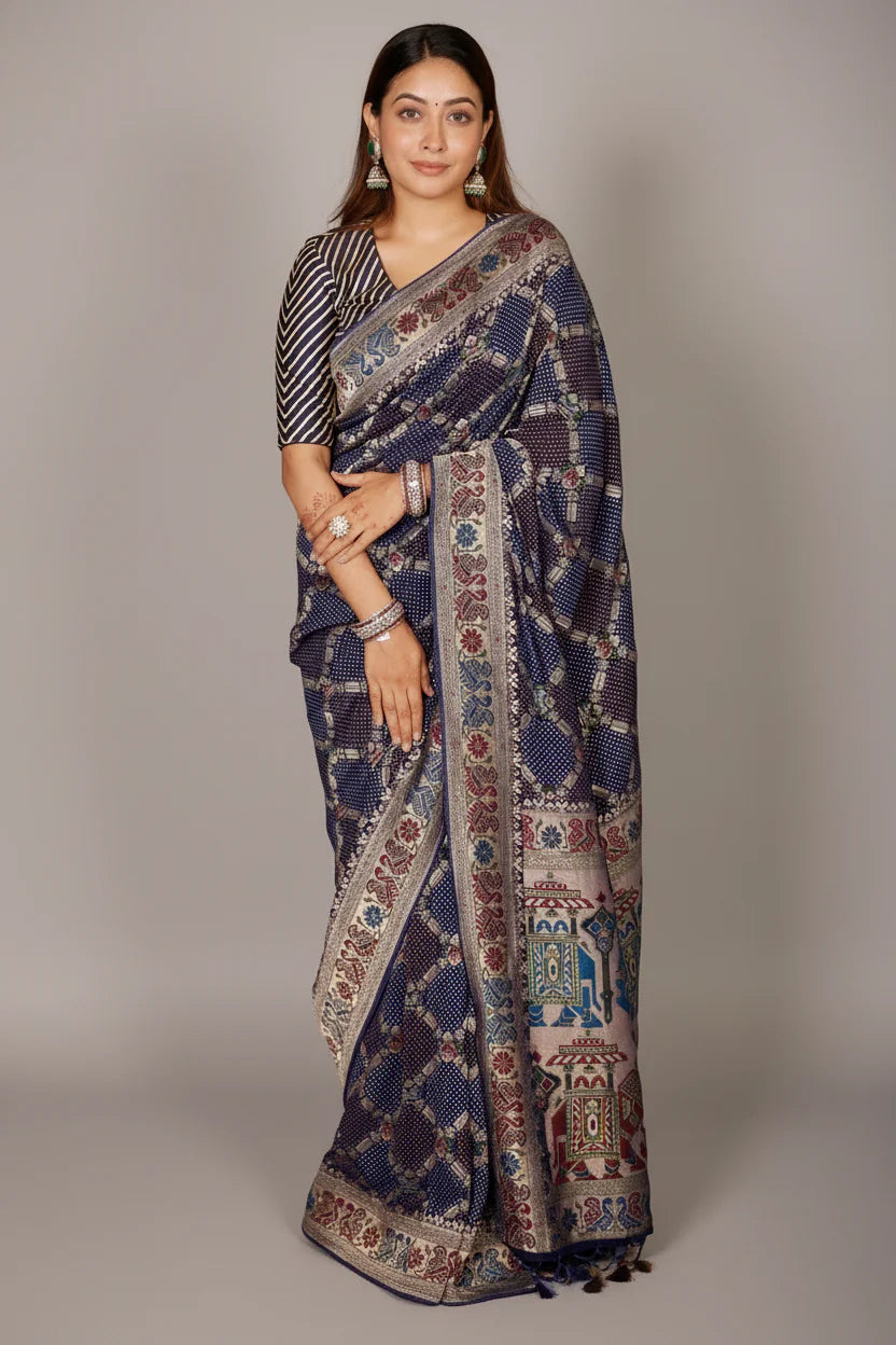 Blue Georgette Meenakari Checks Weaving Saree