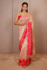 Light Pink Tissue Silk Saree with Woven Border and Cutdana Mirror Applique Work