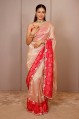 Light Pink Tissue Silk Saree with Woven Border and Cutdana Mirror Applique Work
