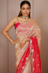 Light Pink Tissue Silk Saree with Woven Border and Cutdana Mirror Applique Work